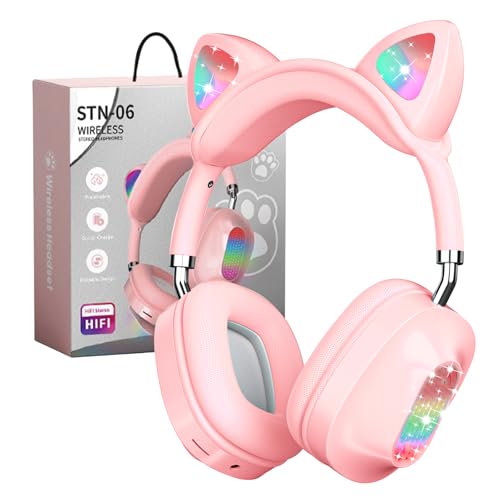 auvstar Auriculares Rosa Bluetooth para Niños con Micrófono Cascos Diadema Oreja Gato Led Light Cat Ear Auriculares Plegable Inalámbricos Regalo para Niños Niña Cumpleaños Navidad (Rosa)