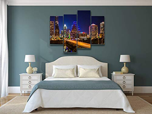 Austin Texas Evening Excitement Cityscape, Skyline, Skyscrapers Canvas Wall Art Hanging Paintings Modern Artwork Abstract Picture Prints Home Decoration Gift Unique Designed Framed 4 Panel #TOP1