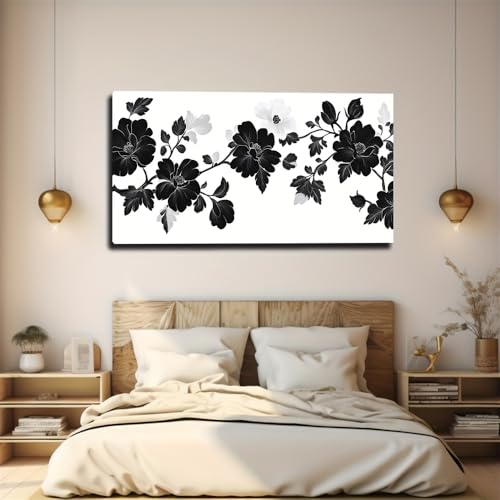 Tableau minimaliste en noir et blanc salon chic grande décoration murale florale
