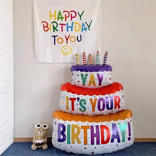 Image of 2PCS Happy Birthday Cake Foil Balloons, 40 inch Large Three-Layer Mylar Birthday Balloons, Yay Balloon for Girls Boys Kids Baby Shower Party Decorations, Multicolored