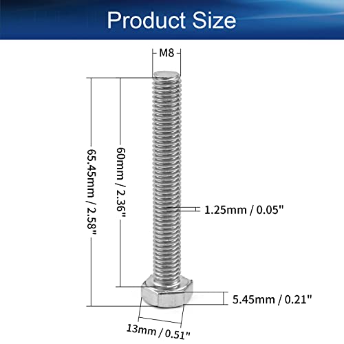 Image of Bettomshin 5Pcs M8 x 60mm Hex Bolts, 304 Stainless Steel 1.25mm Thread Pitch Fully Threaded Metric Hex Head Screw Bolts, Hexagon Screw Bolt, Hex Tap Bolts, Silver (Overall Size 65.45x13x13mm)