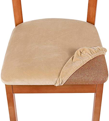 smiry Stretch Chair Seat Covers for Dining Room Velvet Dining Chair Seat Protectors Chair Slipcovers, Set of 4, Beige - Image 3