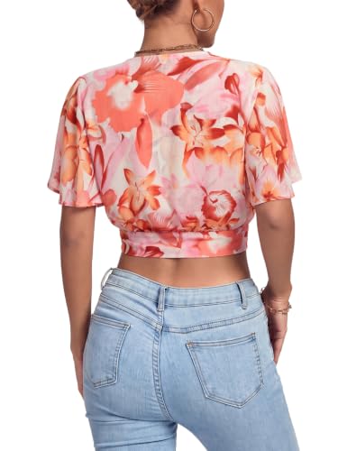 Image of LYANER Women's Tie Front Sexy Crop Tops | Wrap Deep V Neck Ruffle Bell Short Sleeve Y2k Cropped Blouse Shirts