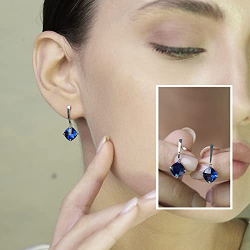 14K White Gold Solitaire Cushion Cut Created Blue Sapphire Drop Dangle Earrings For Women 8Mm September Birthstone With Push Backs By Max + Stone #TOP1