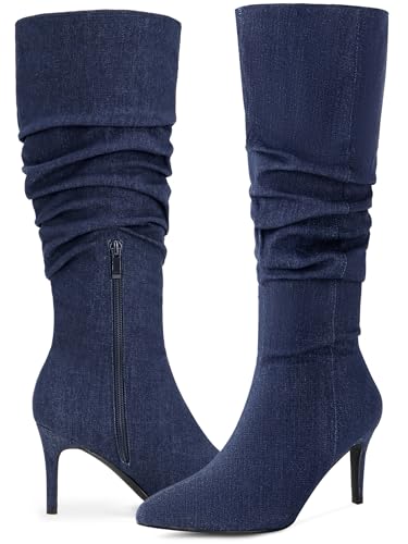 Allegra K Women's Pointed Toe Slouched Stiletto Heels Knee High Boots