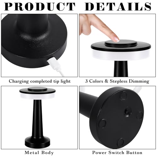 Image of Riakrum 1 Pcs LED Cordless Table Lamp Bulk Rechargeable,Black | Portable Wireless Lamps, 3 Color Stepless Dimming, 15 Hour Battery, Touch Control, Wedding Home Restaurant Decor