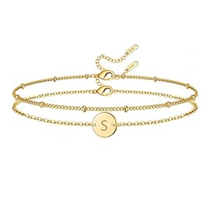 Initial Bracelet for Women 18K Gold Plated Stainless Steel Layered Coin Letter Bracelet Beaded Chain Personalized Name Bracelet
