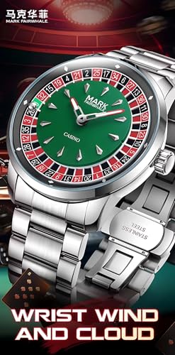 Image of MARK FAIRWHALE Casino Roulette Dial Men's Watch, Stainless Steel Band, Silver Green, 43mm, Quartz Movement, Water Resistant 3 Bar, Luminous Hands