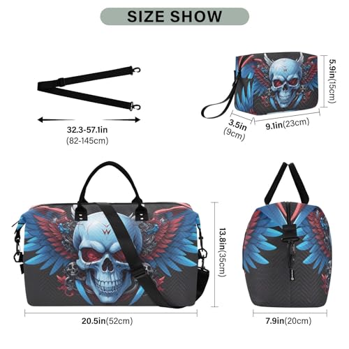 Large Travel Duffel Bag, Skull Blue Wings Sports Tote Gym Bag, Shoulder Weekender Overnight Bag for Women Men, Carry On Luggage with Toiletry Bags3