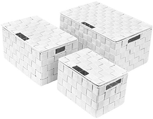 Sorbus Storage Box Woven Basket Bin Container Tote Cube Organizer Set Stackable Storage Basket Woven Strap Shelf Organizer Built-In Carry Handles (Lid Bins - 3 Pack, White) #TOP5