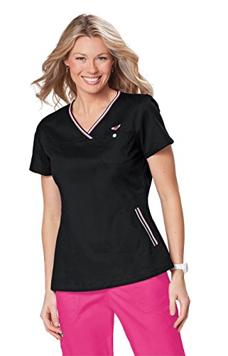 Koi Women's Ashley Sporty Crossover V-Neck Scrub Top Stripe Trim, Black, Medium