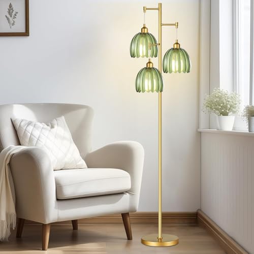 Image of QIYIZM Gold Floor Lamp for Living Room,Bedroom,Mid Century Modern Standing Lamp Brass Tree 3 Light Tall Floor Lamps Vintage Retro Floor Lights Glass Green Flower Lamp Shade Farmhouse Boho Bohemian