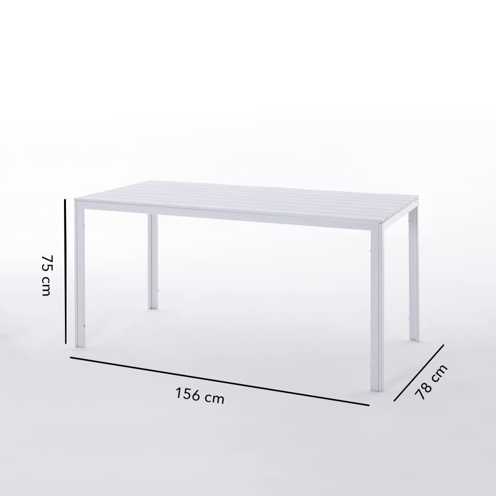 Stół ogrodowy 156x78 cm, prostokątny stół zewnętrzny z malowanej stali i listwami z polietylenu w efekcie drewna, idealny na taras, balkon lub do ogrodu (Biały)