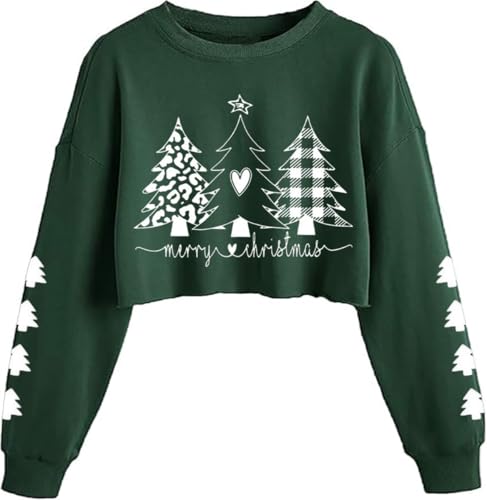 ZKDOO Womens Merry Christmas Crop Sweatshirts Funny Plaid Xmas Tree Graphic Lantern Long Sleeve Pullover Winter Holiday Family Matching Tops(L,Green-Tree02)