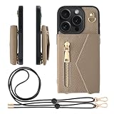 HANATORA for iPhone 15Pro ケース ショルダー 本革 シュリンクレザー 耐衝撃 スマホケース スマホ ショルダーストラップ 付き ファスナー スマホショルダー カバー カードポケット カード収納 小銭入れ グレージュ BPCGZ-15Pro-Grege