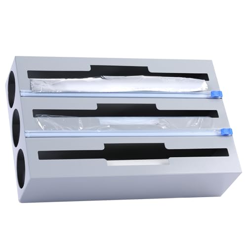 3 in 1 Plastic Wrap Dispenser with Cutter,Metal Foil and Plastic Wrap Organizer,Aluminum Foil and Wax Dispenser for Kitchen Drawer Storage Organization