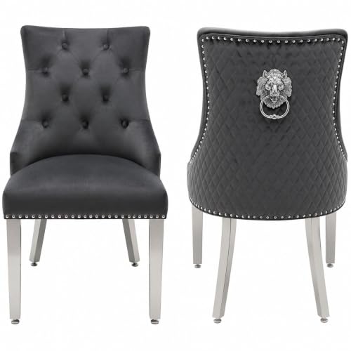 Image of ASR INTERIORS Set of 2 Majestic Velvet Dining Chairs with Lion Head Knocker