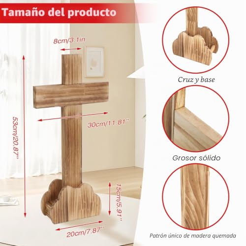 Miniatura 2 de Cruz De Madera Con Base, 53 X 30 Cm, Cruz Maciza Con Vetas De Madera Quemadas, Cruz Decorativa De Mesa, Crucifijo Moderno, Apto Para Pascua, Navidad, Meditación, Bautismo Religioso, Puristas