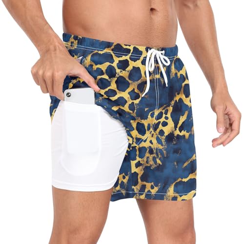 Blue and Gold Leopard Print Men Swim Shorts Men's 2In1 Inseam Bathing Suit with Phone Pocket Quick Dry S3