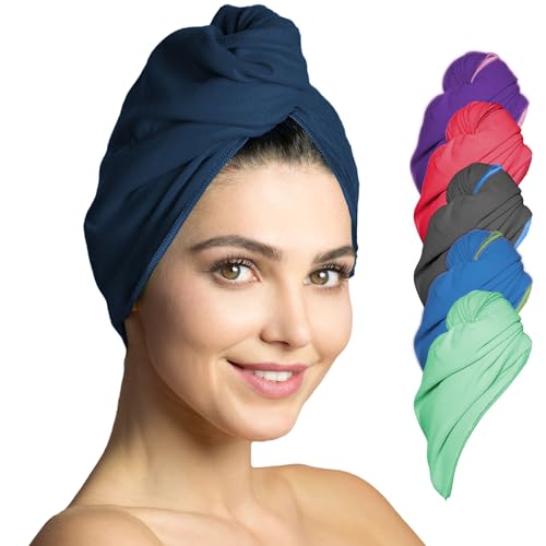 Toalla Turbante para el Secado rápido de Cabello, Toallas de Microfibra Ultra Absorbente para Pelo, con botón – 2 Piezas – Azul Marino