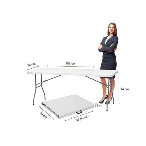 Folding Table and Chairs Set 6 Seater, Portable Metal Frame Dining Set with 6 Beige Plastic Seat Chairs, Rectangular Foldable Table 180x75cm for Outdoor Events, Garden, Camping, Catering & Home Use