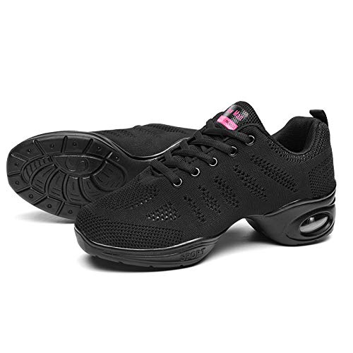 Women's Jazz Shoes Lace-Up Sneakers - Breathable Air Cushion Lady Split Sole Athletic Walking Dance Shoes Platform Black,7 #TOP6
