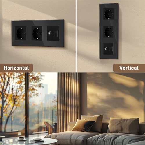 BSEED Schuko Steckdose mit 1/2 PC mit TV Schwarz Glas Panel Steckdose Glas TV antenna coaxial and RJ55 Cat5e Ethernet 16 Amp Steckdose 228mm Doppelt Wandsteckdose Verlängerungssteckdosen