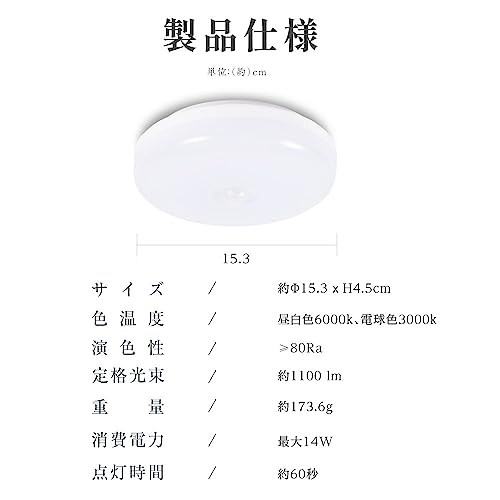 【天通ライト】LED シーリングライト コンパクト センサーライト 人感センサー 付き 夜間ライト LED 照明器具 天井 照明 自動点灯 簡単取付 工事不要 小型 LEDシーリングライト 階段 廊下 玄関 洗面所 トイレ 屋内 照明 LEDライト 省エネ 節電 長寿命 ledcl-gyd01-wh [2]