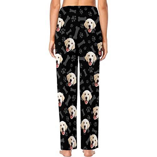 Customize Pet Photo Pajamas Bottoms, Pet Paw Prints Dog Bone Black Pajamas Trousers Personalized Face Long Sleepwear Pajamas Sleep Pants with Picture for Women Mom Christmas XS