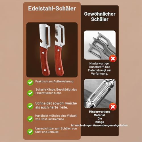 Foto von Multifunktionaler Gemüseschäler – 3-in-1-Multifunktion 2er Set, Edelstahl & Holzgriff, Julienne-Klinge, Flaschenöffner, Sparschäler für Obst, Gemüse, Küchenhelfer langlebig, für Kleidung Teppich (A)