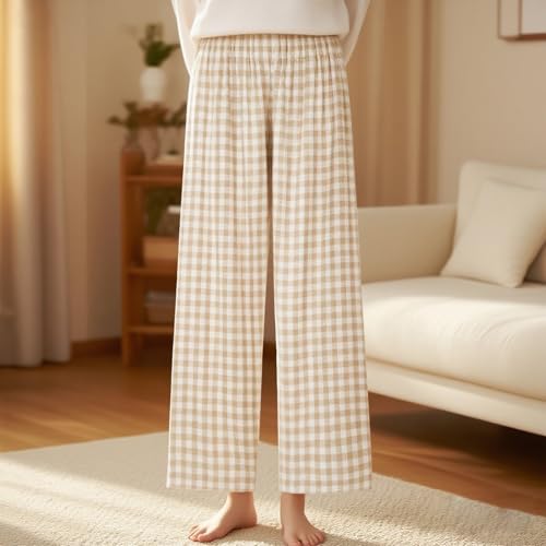 100% Cotton Pajama Pants Unisex Lightweight Elastic Waist Plaid Lounge Pants Loose Fit Comfy Baggy PJ Bottoms2
