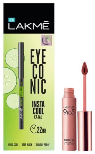 Image of LAKME 9 To 5 Weightless Mousse Lip & Cheek Color, Coca Soft, 9 G & Eyeconic Insta Cool Matte Kajal, Black, Cooling Kohl Liner With Cucumber, Twist Up Pencil, Glossy Finish 0.35 G