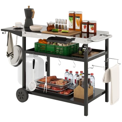 Outsunny Outdoor Grill Cart with Stainless Steel Tabletop, Wheels, Storage
