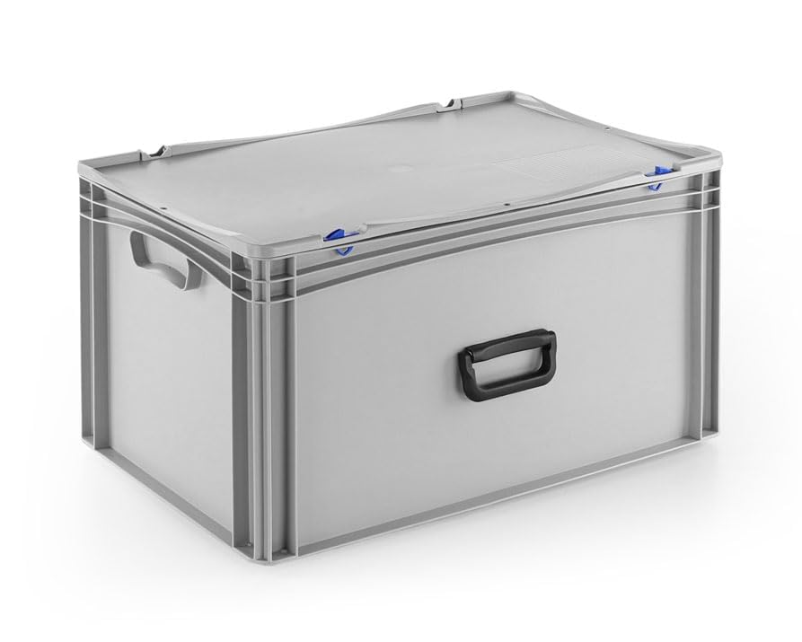 DIE BOX FABRIK Robuster Eurobehälter mit Tragegriff & Scharnierdeckel | Stapelbarer Kunststoffkoffer für Lager & Transport | Aufbewahrungsbox für Werkzeuge, Logistik & Industrie (600x400x333 mm)