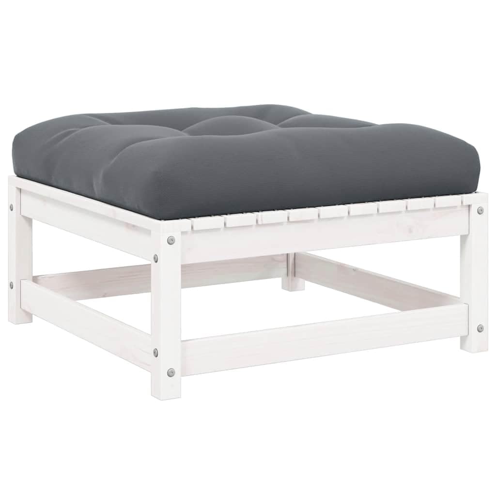 vidaXL Repose-Pied de Jardin avec Coussin Tabouret de Patio Repose-Pied de Terrasse Meuble d'Extérieur Pouf de Jardin Blanc Bois de Pin Massif
