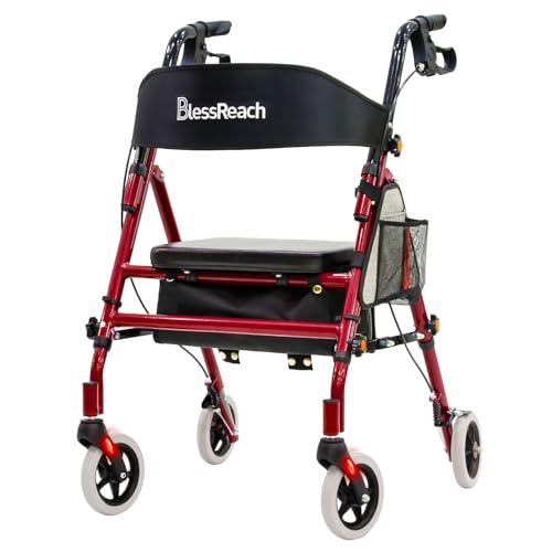 BlessReach Lightweight Foldable Rollator Walkers with Seat for Seniors, 350 lb Capacity, 5-Position...