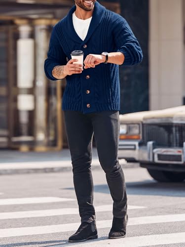 Image of Karlywindow Mens Cable Knit Cardigan Sweater Shawl Collar Loose Fit Long Sleeve Casual Cardigans