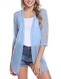 iClosam Women Casual 3/4 Sleeve Sheer Open Front Cardigan Sweater (Light Blue, Small)