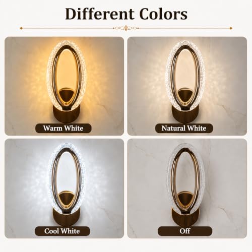 Image of fizzytech Crystal LED Wall Light, Modern Gold Finish Decorative Wall Lamp with 3 Colour Changing Modes for Living Room, Bedroom, Hallway & Home Decor (Oval, Pack of 1)