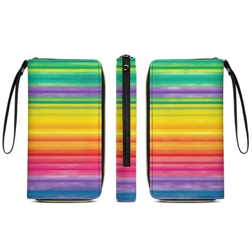 Womens Leather Wallets with Wristlet Strap Rainbow Colored Striped Wallet for Women Card Phone Holder Ladies Purse3