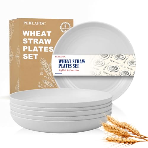Image of Wheat Straw Plates Set of 6, 8In Unbreakable Plastic Plates, White | Microwave and Dishwasher Safe Small Deep Plates for Appetizer, Kids, Breakfast, Camping