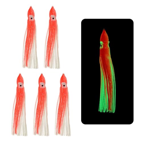 YELARXI Fishing Squid Skirts Glow Soft Plastic Trolling Lures, 8cm/3 Inch Luminous Fit for Bass Trout Salmon Saltwater Fishing Bait (5Pcs, Clear Red)