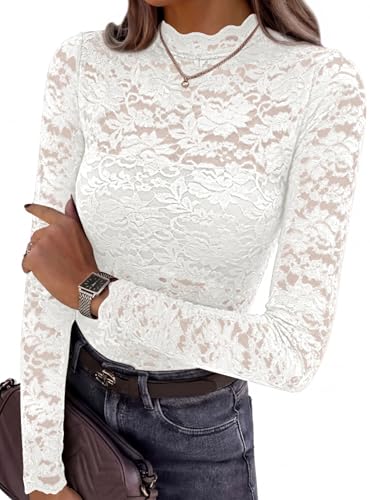 PRETTYGARDEN Womens Lace Long Sleeve Top Mesh Sheer Blouses Mock Neck See Through Slim Fitted Tops 2026 Fall Fashion Clothes (White,Large)