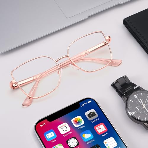 Image of Dollger Pink Oversized Square Blue Light Blocking Glasses for Women Trendy Oversized Computer Gaming Eyeglasses Cat Eye Metal Frame bluelight glasses Rose Gold