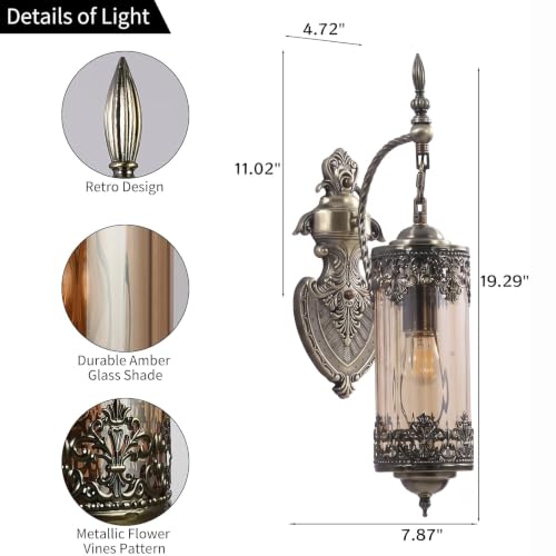 Image of Rustic Wall Sconce with Glass | Vintage Antique Wall Light Fixture E26 Mid Centry Lantern Bedside Sconces Wall for Living Room Bathroom Mirror