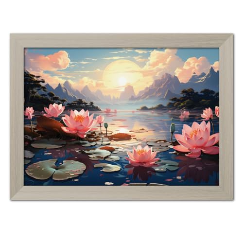 Image of TenorArts Red Lotus Photo Frame Vastu Positivity Aesthetic Wall Painting Lucky Art Framed with White Wooden Texture for Living rooms Office Bedroom - Wall Paintings /Hangings (12inches x 9inches)