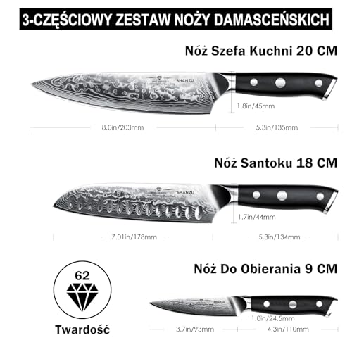 SHAN ZU Zestaw 3 NożY DamasceńSkich, JapońSki Zestaw NożY Kuchennych Ze Stali Super DamasceńSkiej, Profesjonalny Zestaw Bardzo Ostrych NożY Szefa Kuchni Z Uchwytem G10 W PudełKu Prezentowym