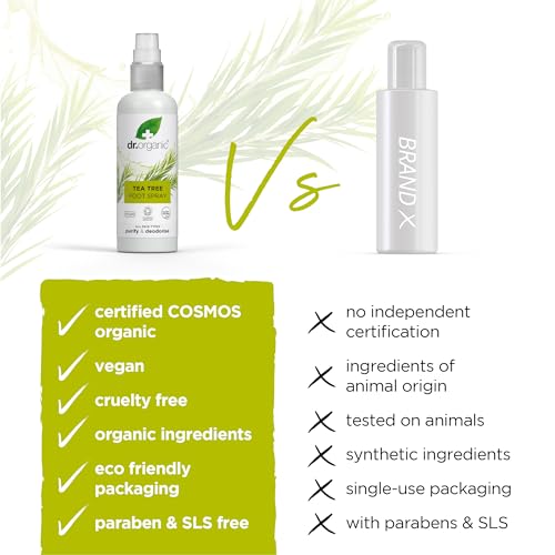 Dr Organic Tea Tree Spray per piedi, deodorante, purificante, ad asciugatura rapida, senza alluminio, con olio di menta piperita naturale, vegano, cruelty-free, senza parabeni e SLS, certificato - 5