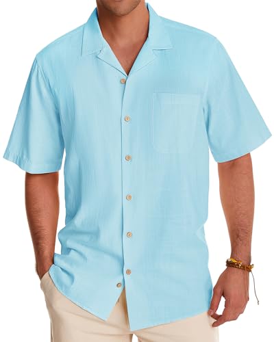 Image of Alimens & Gentle Mens Linen Shirts Cotton Hawaiian Shirts Short Sleeve Button Down Shirts Casual Summer Beach Tops
