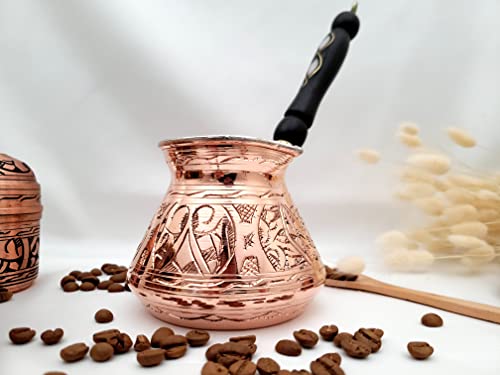 Erbulus 12 Oz Copper Turkish Greek Arabic Coffee Pot With Fortune App And Wooden Handle (4 Cups), Cezve Turkish Coffee Pot, Ibrik, Briki Greek Coffee Pot, Hammered Turkish Coffee Maker #TOP1
